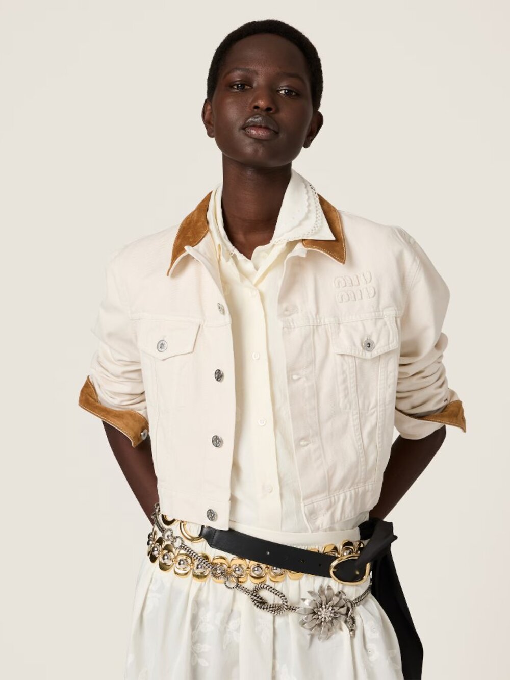 New MIU MIU Inspired Cream Denim Jacket w/ Faux Suede Trim S Petite $4K